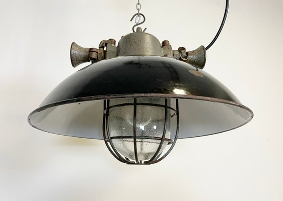 Industrial Black Enamel and Cast Iron Cage Pendant Light, 1950s-CGF-1057227