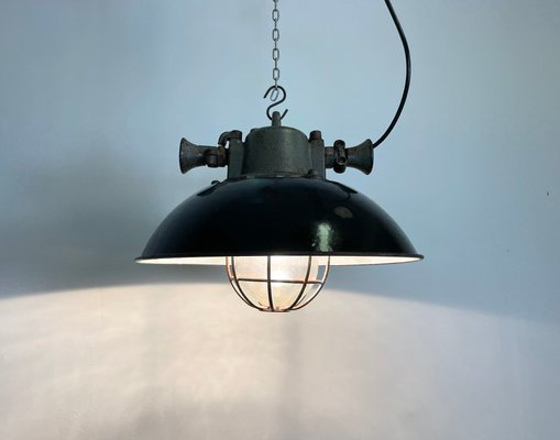 Industrial Black Enamel and Cast Iron Cage Pendant Light, 1950s-CGF-1057227