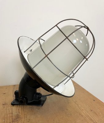 Industrial Black Enamel and Cast Iron Wall Lamp with Iron Grid, 1960s-CGF-1060326