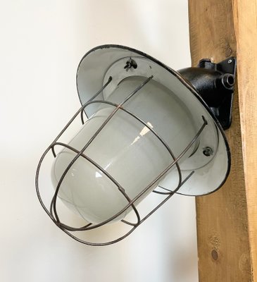 Industrial Black Enamel and Cast Iron Wall Lamp with Iron Grid, 1960s-CGF-1060326