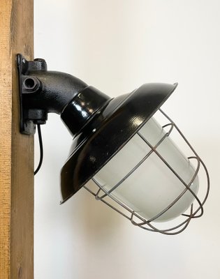 Industrial Black Enamel and Cast Iron Wall Lamp with Iron Grid, 1960s-CGF-1060326