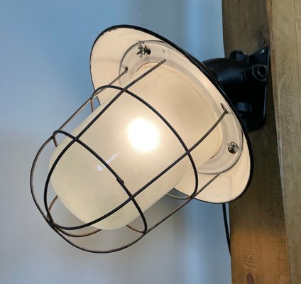 Industrial Black Enamel and Cast Iron Wall Lamp with Iron Grid, 1960s-CGF-1060326