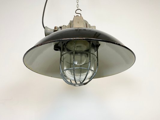 Industrial Black Enamel & Cast Iron Cage Ceiling Lamp, 1950s-CGF-847162