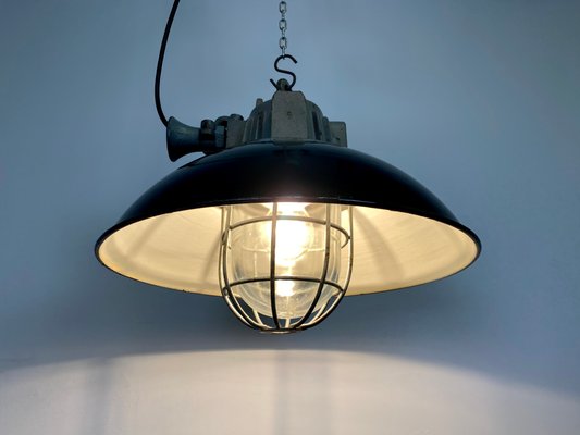 Industrial Black Enamel & Cast Iron Cage Ceiling Lamp, 1950s-CGF-847162