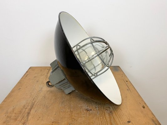 Industrial Black Enamel & Cast Iron Cage Ceiling Lamp, 1950s-CGF-847162