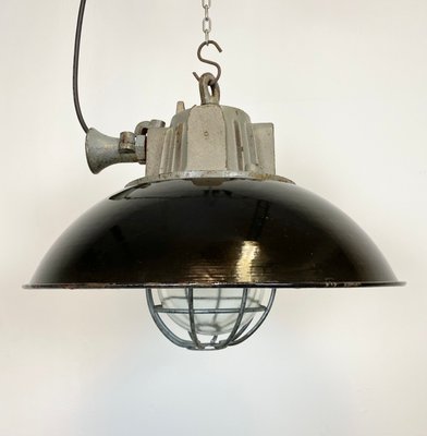 Industrial Black Enamel & Cast Iron Cage Ceiling Lamp, 1950s-CGF-847162