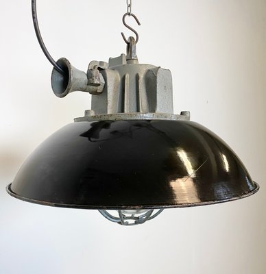 Industrial Black Enamel & Cast Iron Cage Ceiling Lamp, 1950s-CGF-847162