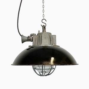 Industrial Black Enamel & Cast Iron Cage Ceiling Lamp, 1950s-CGF-847162