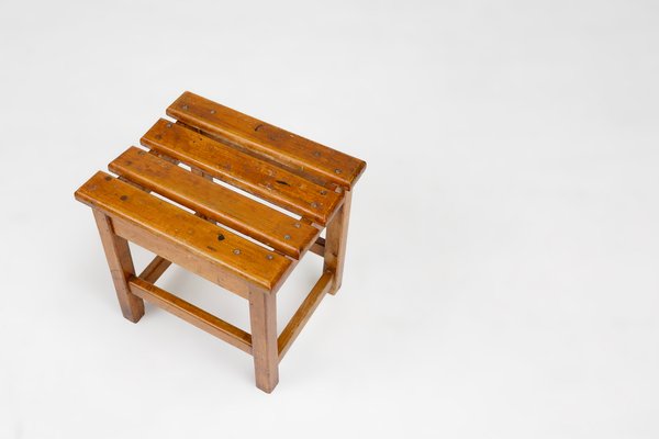 Industrial Brutalist Wooden Stool, Belgium, 1920s-YSY-2027117