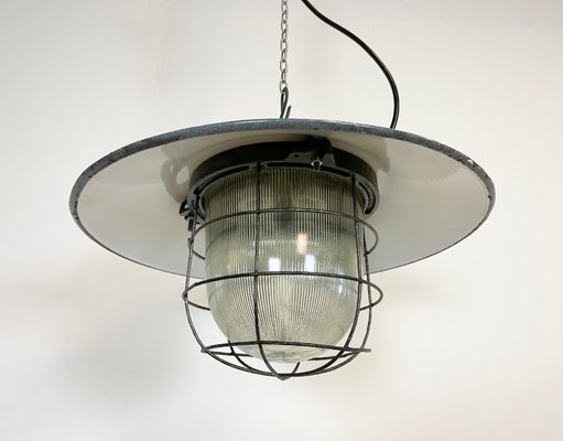 Industrial Enamel Factory Cage Pendant Lamp, 1950s-CGF-1057235