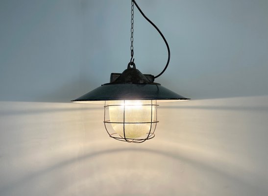 Industrial Enamel Factory Cage Pendant Lamp, 1950s-CGF-1057235