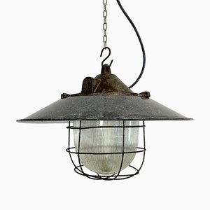 Industrial Enamel Factory Cage Pendant Lamp, 1950s-CGF-1057235