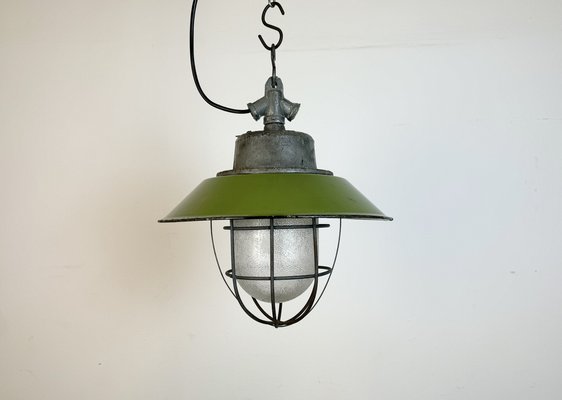 Industrial Green Enamel and Cast Iron Cage Pendant Light, 1960s-CGF-1785001