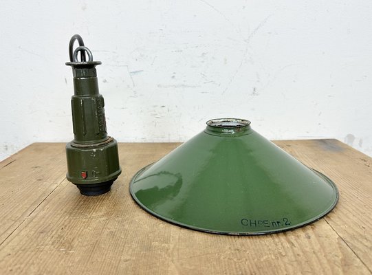 Industrial Green Enamel Military Pendant Lamp with Cast Aluminium Top, 1960s-CGF-1703753