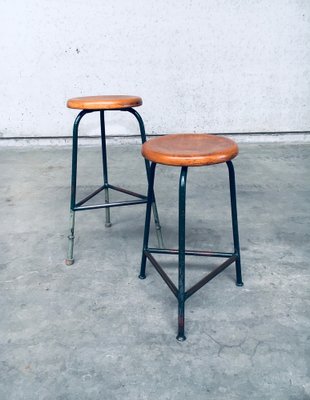 Industrial Green Tripod Stool Set, Belgium, 1950s, Set of 2-RQV-1823462