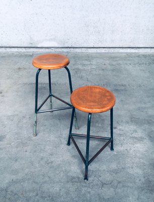 Industrial Green Tripod Stool Set, Belgium, 1950s, Set of 2-RQV-1823462