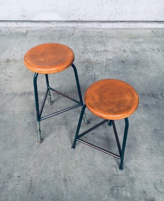 Industrial Green Tripod Stool Set, Belgium, 1950s, Set of 2-RQV-1823462