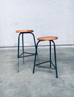 Industrial Green Tripod Stool Set, Belgium, 1950s, Set of 2-RQV-1823462