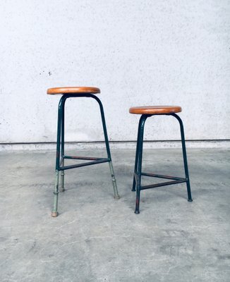 Industrial Green Tripod Stool Set, Belgium, 1950s, Set of 2-RQV-1823462