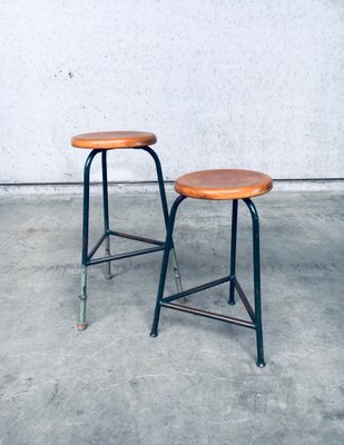 Industrial Green Tripod Stool Set, Belgium, 1950s, Set of 2-RQV-1823462