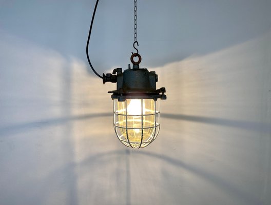 Industrial Grey Cast Iron Cage Pendant Lamp, 1970s-CGF-870413