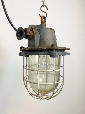 Industrial Grey Cast Iron Cage Pendant Lamp, 1970s-CGF-870413