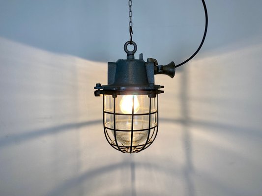 Industrial Grey Cast Iron Cage Pendant Light, 1960s-CGF-1057245