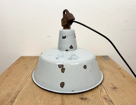 Industrial Grey Enamel Factory Hanging Lamp with Cast Iron Top, 1960s-CGF-1363956