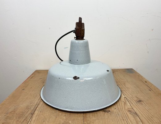 Industrial Grey Enamel Factory Hanging Lamp with Cast Iron Top, 1960s-CGF-1363956