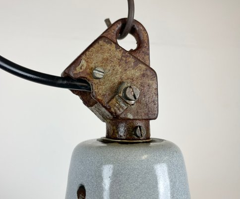 Industrial Grey Enamel Factory Hanging Lamp with Cast Iron Top, 1960s-CGF-1363956