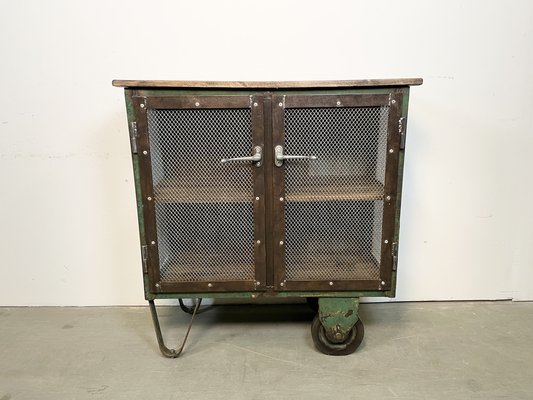 Industrial Iron Cabinet with Mesh Doors on Wheels, 1960s-CGF-1404578