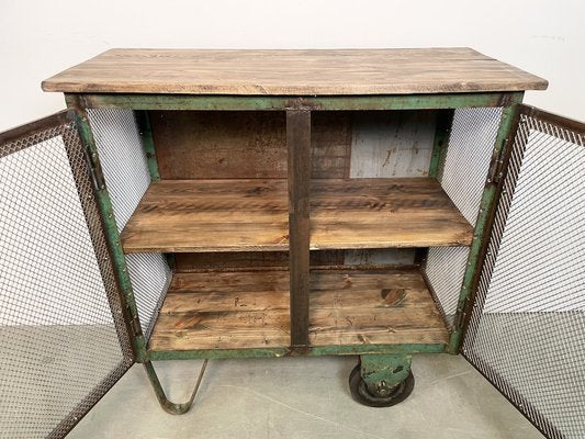 Industrial Iron Cabinet with Mesh Doors on Wheels, 1960s-CGF-1404578