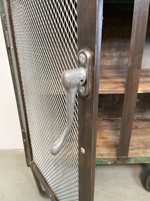 Industrial Iron Cabinet with Mesh Doors on Wheels, 1960s-CGF-1404578