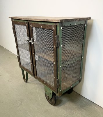 Industrial Iron Cabinet with Mesh Doors on Wheels, 1960s-CGF-1404578