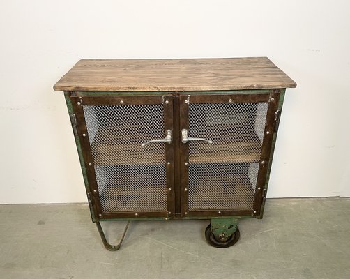 Industrial Iron Cabinet with Mesh Doors on Wheels, 1960s-CGF-1404578