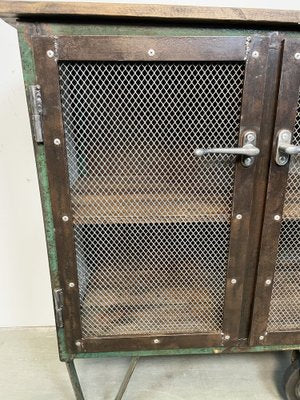 Industrial Iron Cabinet with Mesh Doors on Wheels, 1960s-CGF-1404578