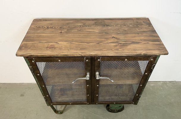 Industrial Iron Cabinet with Mesh Doors on Wheels, 1960s-CGF-1404578