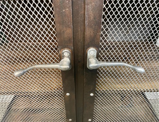 Industrial Iron Cabinet with Mesh Doors on Wheels, 1960s-CGF-1404578