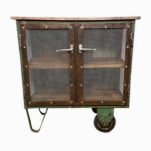 Industrial Iron Cabinet with Mesh Doors on Wheels, 1960s-CGF-1404578