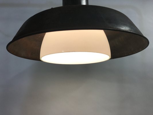 Industrial Metal & Opaline Glass Pendant Lamp, 1960s-IRH-655690