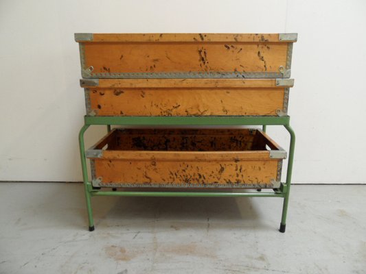 Industrial Metal Storage Rack with Wooden Boxes, 1960s, Set of 4-PNJ-2042923