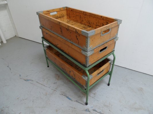 Industrial Metal Storage Rack with Wooden Boxes, 1960s, Set of 4-PNJ-2042923