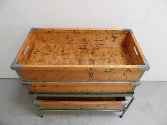 Industrial Metal Storage Rack with Wooden Boxes, 1960s, Set of 4-PNJ-2042923