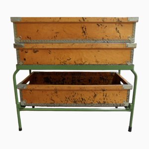 Industrial Metal Storage Rack with Wooden Boxes, 1960s, Set of 4-PNJ-2042923