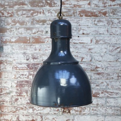 Industrial Pendant Light in Dark Blue Enamel and Brass, 1950s-BLS-1756748