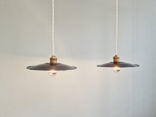 Industrial Pendant Lights in Anthracite Enameled Sheet Metal, 1930s, Set of 2-FAX-2043197