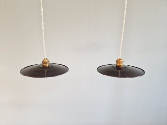 Industrial Pendant Lights in Anthracite Enameled Sheet Metal, 1930s, Set of 2-FAX-2043197