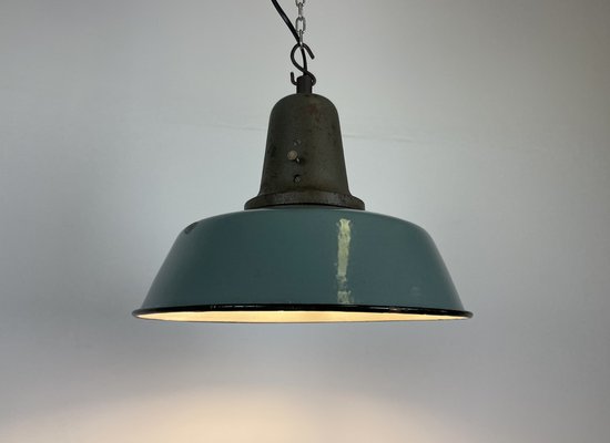 Industrial Petrol Enamel Factory Ceiling Lamp with Cast Iron Top, 1960s-CGF-1369103