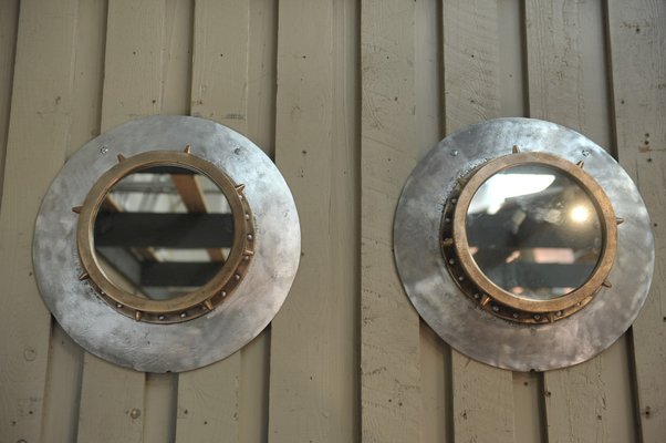 Industrial Riveted Bronze and Aluminum Porthole Mirror, 1920s-NEN-2043217