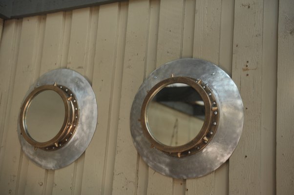 Industrial Riveted Bronze and Aluminum Porthole Mirror, 1920s-NEN-2043217